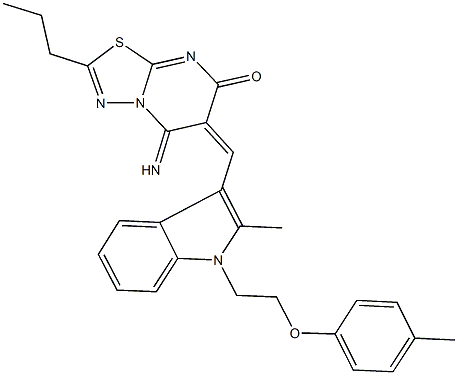 5-imino-6-({2-methyl-1-[2-(4-methylphenoxy)ethyl]-1H-indol-3-yl}methylene)-2-propyl-5,6-dihydro-7H-[1,3,4]thiadiazolo[3,2-a]pyrimidin-7-one Struktur