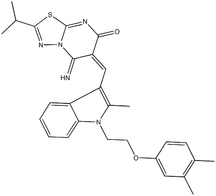 6-({1-[2-(3,4-dimethylphenoxy)ethyl]-2-methyl-1H-indol-3-yl}methylene)-5-imino-2-isopropyl-5,6-dihydro-7H-[1,3,4]thiadiazolo[3,2-a]pyrimidin-7-one Struktur