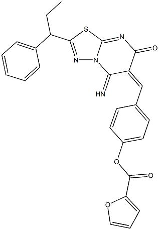 4-[(5-imino-7-oxo-2-(1-phenylpropyl)-5H-[1,3,4]thiadiazolo[3,2-a]pyrimidin-6(7H)-ylidene)methyl]phenyl 2-furoate Struktur