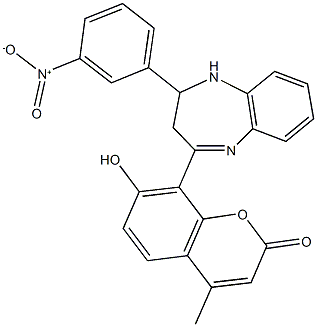 7-hydroxy-8-(2-{3-nitrophenyl}-2,3-dihydro-1H-1,5-benzodiazepin-4-yl)-4-methyl-2H-chromen-2-one Struktur