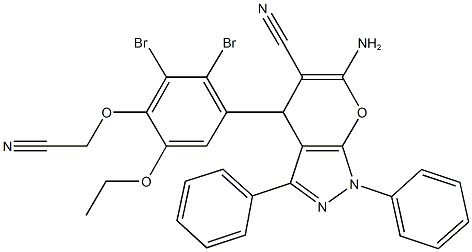 6-amino-4-[2,3-dibromo-4-(cyanomethoxy)-5-ethoxyphenyl]-1,3-diphenyl-1,4-dihydropyrano[2,3-c]pyrazole-5-carbonitrile Struktur