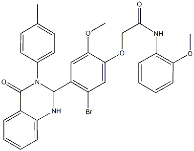 2-{5-bromo-2-methoxy-4-[3-(4-methylphenyl)-4-oxo-1,2,3,4-tetrahydro-2-quinazolinyl]phenoxy}-N-(2-methoxyphenyl)acetamide Struktur