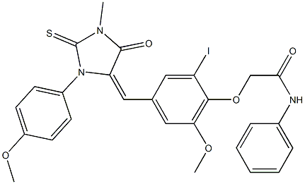 2-(2-iodo-6-methoxy-4-{[3-(4-methoxyphenyl)-1-methyl-5-oxo-2-thioxo-4-imidazolidinylidene]methyl}phenoxy)-N-phenylacetamide Struktur