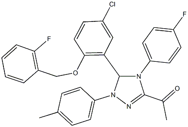 1-[5-{5-chloro-2-[(2-fluorobenzyl)oxy]phenyl}-4-(4-fluorophenyl)-1-(4-methylphenyl)-4,5-dihydro-1H-1,2,4-triazol-3-yl]ethanone Struktur