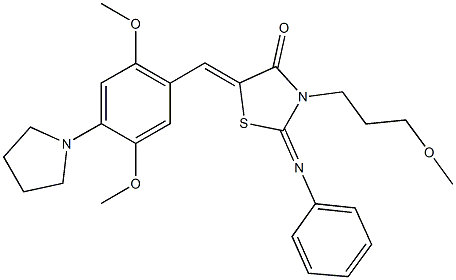 5-[2,5-dimethoxy-4-(1-pyrrolidinyl)benzylidene]-3-(3-methoxypropyl)-2-(phenylimino)-1,3-thiazolidin-4-one Struktur