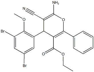 ethyl 6-amino-5-cyano-4-(3,5-dibromo-2-methoxyphenyl)-2-phenyl-4H-pyran-3-carboxylate Struktur