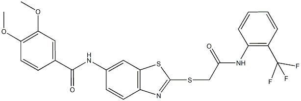 3,4-dimethoxy-N-[2-({2-oxo-2-[2-(trifluoromethyl)anilino]ethyl}sulfanyl)-1,3-benzothiazol-6-yl]benzamide Struktur