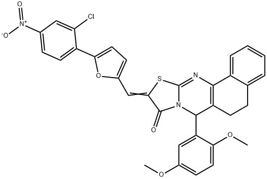 10-[(5-{2-chloro-4-nitrophenyl}-2-furyl)methylene]-7-(2,5-dimethoxyphenyl)-5,7-dihydro-6H-benzo[h][1,3]thiazolo[2,3-b]quinazolin-9(10H)-one Struktur