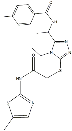 N-{1-[4-ethyl-5-({2-[(5-methyl-1,3-thiazol-2-yl)amino]-2-oxoethyl}sulfanyl)-4H-1,2,4-triazol-3-yl]ethyl}-4-methylbenzamide Struktur