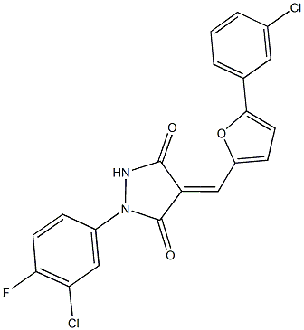 1-(3-chloro-4-fluorophenyl)-4-{[5-(3-chlorophenyl)-2-furyl]methylene}-3,5-pyrazolidinedione Struktur