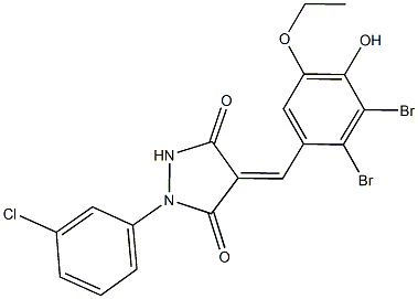 1-(3-chlorophenyl)-4-(2,3-dibromo-5-ethoxy-4-hydroxybenzylidene)-3,5-pyrazolidinedione Struktur