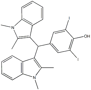 4-[bis(1,2-dimethyl-1H-indol-3-yl)methyl]-2,6-diiodophenol Struktur