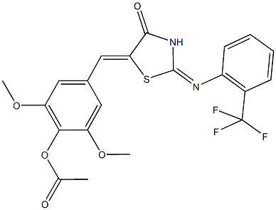 2,6-dimethoxy-4-[(4-oxo-2-{[2-(trifluoromethyl)phenyl]imino}-1,3-thiazolidin-5-ylidene)methyl]phenyl acetate Struktur