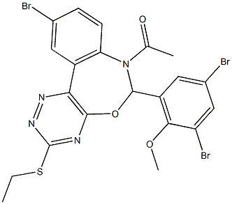 2-[7-acetyl-10-bromo-3-(ethylsulfanyl)-6,7-dihydro[1,2,4]triazino[5,6-d][3,1]benzoxazepin-6-yl]-4,6-dibromophenyl methyl ether Struktur