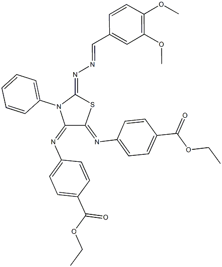 ethyl 4-[(2-[(3,4-dimethoxybenzylidene)hydrazono]-4-{[4-(ethoxycarbonyl)phenyl]imino}-3-phenyl-1,3-thiazolidin-5-ylidene)amino]benzoate Struktur