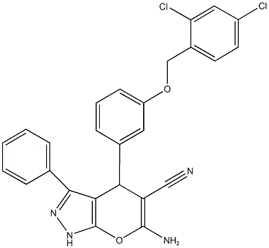 6-amino-4-{3-[(2,4-dichlorobenzyl)oxy]phenyl}-3-phenyl-1,4-dihydropyrano[2,3-c]pyrazole-5-carbonitrile Struktur