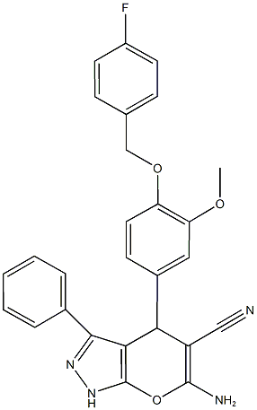 6-amino-4-{4-[(4-fluorobenzyl)oxy]-3-methoxyphenyl}-3-phenyl-1,4-dihydropyrano[2,3-c]pyrazole-5-carbonitrile Struktur