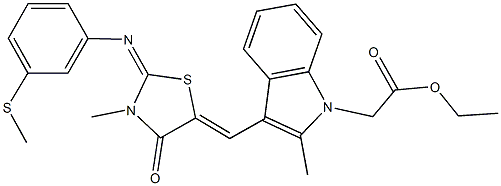 ethyl {2-methyl-3-[(3-methyl-2-{[3-(methylsulfanyl)phenyl]imino}-4-oxo-1,3-thiazolidin-5-ylidene)methyl]-1H-indol-1-yl}acetate Struktur