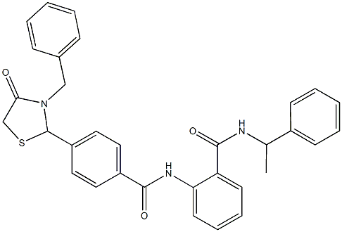 2-{[4-(3-benzyl-4-oxo-1,3-thiazolidin-2-yl)benzoyl]amino}-N-(1-phenylethyl)benzamide Struktur