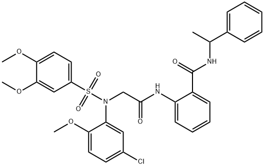 2-[({5-chloro[(3,4-dimethoxyphenyl)sulfonyl]-2-methoxyanilino}acetyl)amino]-N-(1-phenylethyl)benzamide Struktur