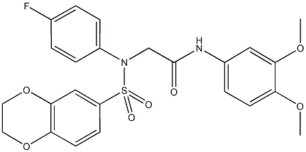 2-[(2,3-dihydro-1,4-benzodioxin-6-ylsulfonyl)-4-fluoroanilino]-N-(3,4-dimethoxyphenyl)acetamide Struktur