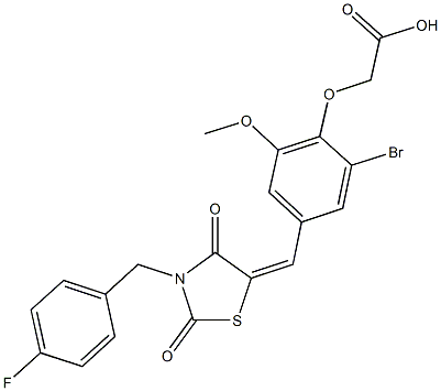 (2-bromo-4-{[3-(4-fluorobenzyl)-2,4-dioxo-1,3-thiazolidin-5-ylidene]methyl}-6-methoxyphenoxy)acetic acid Struktur