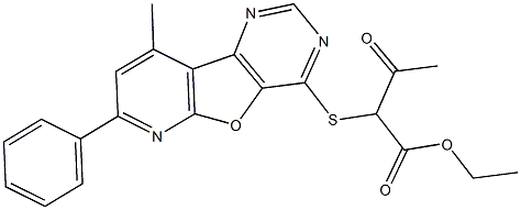 ethyl 2-[(9-methyl-7-phenylpyrido[3',2':4,5]furo[3,2-d]pyrimidin-4-yl)thio]-3-oxobutanoate Struktur