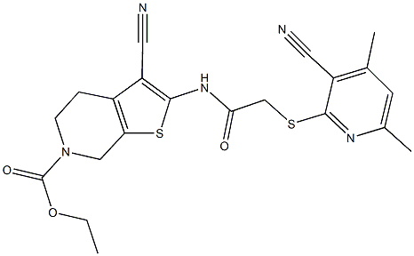 ethyl 3-cyano-2-({[(3-cyano-4,6-dimethyl-2-pyridinyl)sulfanyl]acetyl}amino)-4,7-dihydrothieno[2,3-c]pyridine-6(5H)-carboxylate Struktur