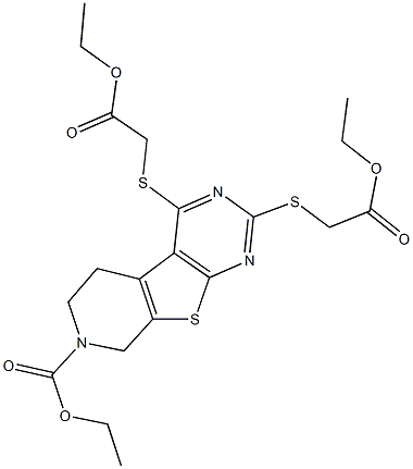 ethyl 2,4-bis[(2-ethoxy-2-oxoethyl)sulfanyl]-5,8-dihydropyrido[4',3':4,5]thieno[2,3-d]pyrimidine-7(6H)-carboxylate Struktur