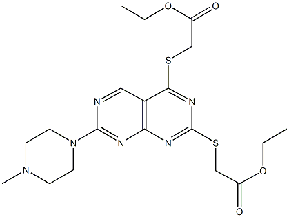 ethyl {[2-[(2-ethoxy-2-oxoethyl)sulfanyl]-7-(4-methyl-1-piperazinyl)pyrimido[4,5-d]pyrimidin-4-yl]sulfanyl}acetate Struktur