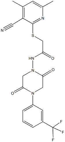 2-[(3-cyano-4,6-dimethyl-2-pyridinyl)sulfanyl]-N-{2,5-dioxo-4-[3-(trifluoromethyl)phenyl]-1-piperazinyl}acetamide Struktur