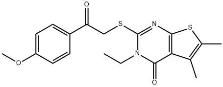 3-ethyl-2-{[2-(4-methoxyphenyl)-2-oxoethyl]sulfanyl}-5,6-dimethylthieno[2,3-d]pyrimidin-4(3H)-one Struktur