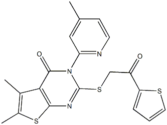 5,6-dimethyl-3-(4-methyl-2-pyridinyl)-2-{[2-oxo-2-(2-thienyl)ethyl]sulfanyl}thieno[2,3-d]pyrimidin-4(3H)-one Struktur