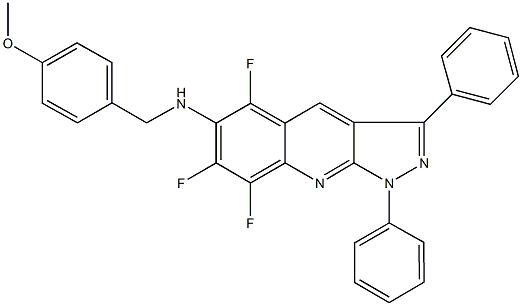 N-(4-methoxybenzyl)-N-(5,7,8-trifluoro-1,3-diphenyl-1H-pyrazolo[3,4-b]quinolin-6-yl)amine Struktur