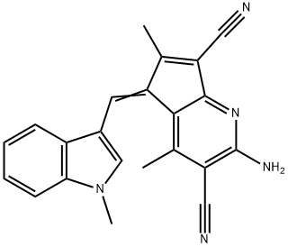 2-amino-4,6-dimethyl-5-[(1-methyl-1H-indol-3-yl)methylene]-5H-cyclopenta[b]pyridine-3,7-dicarbonitrile Struktur