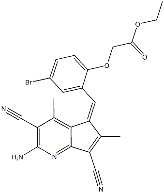 ethyl {2-[(2-amino-3,7-dicyano-4,6-dimethyl-5H-cyclopenta[b]pyridin-5-ylidene)methyl]-4-bromophenoxy}acetate Struktur