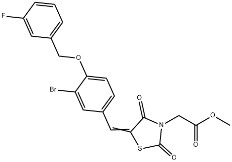 methyl (5-{3-bromo-4-[(3-fluorobenzyl)oxy]benzylidene}-2,4-dioxo-1,3-thiazolidin-3-yl)acetate Struktur