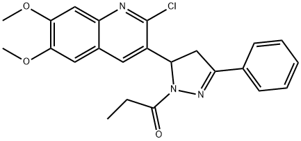 2-chloro-6,7-dimethoxy-3-(3-phenyl-1-propionyl-4,5-dihydro-1H-pyrazol-5-yl)quinoline Struktur