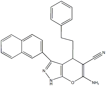 6-amino-3-(2-naphthyl)-4-(2-phenylethyl)-1,4-dihydropyrano[2,3-c]pyrazole-5-carbonitrile Struktur