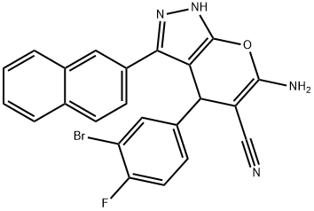 6-amino-4-(3-bromo-4-fluorophenyl)-3-(2-naphthyl)-1,4-dihydropyrano[2,3-c]pyrazole-5-carbonitrile Struktur