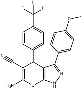 6-amino-3-(4-methoxyphenyl)-4-[4-(trifluoromethyl)phenyl]-1,4-dihydropyrano[2,3-c]pyrazole-5-carbonitrile Struktur