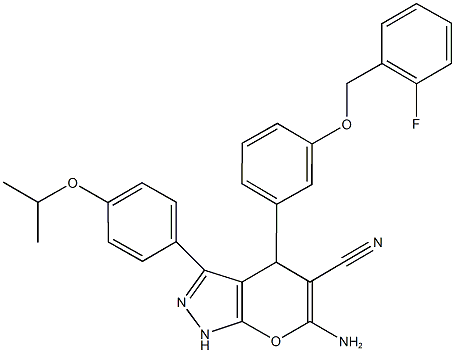 6-amino-4-{3-[(2-fluorobenzyl)oxy]phenyl}-3-(4-isopropoxyphenyl)-1,4-dihydropyrano[2,3-c]pyrazole-5-carbonitrile Struktur