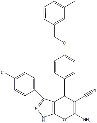 6-amino-3-(4-chlorophenyl)-4-{4-[(3-methylbenzyl)oxy]phenyl}-1,4-dihydropyrano[2,3-c]pyrazole-5-carbonitrile Struktur