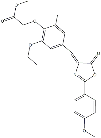 methyl {2-ethoxy-6-iodo-4-[(2-(4-methoxyphenyl)-5-oxo-1,3-oxazol-4(5H)-ylidene)methyl]phenoxy}acetate Struktur