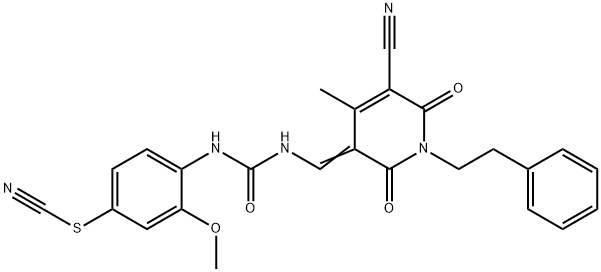 4-[({[(5-cyano-4-methyl-2,6-dioxo-1-(2-phenylethyl)-1,6-dihydro-3(2H)-pyridinylidene)methyl]amino}carbonyl)amino]-3-methoxyphenyl thiocyanate Struktur