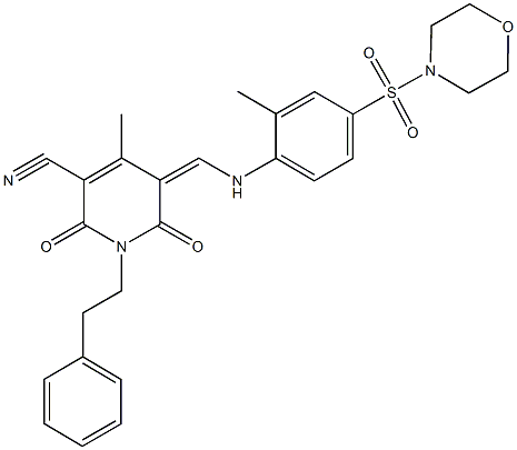 4-methyl-5-{[2-methyl-4-(4-morpholinylsulfonyl)anilino]methylene}-2,6-dioxo-1-(2-phenylethyl)-1,2,5,6-tetrahydro-3-pyridinecarbonitrile Struktur