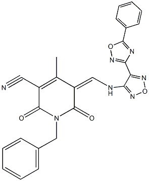 1-benzyl-4-methyl-2,6-dioxo-5-({[4-(5-phenyl-1,2,4-oxadiazol-3-yl)-1,2,5-oxadiazol-3-yl]amino}methylene)-1,2,5,6-tetrahydro-3-pyridinecarbonitrile Struktur