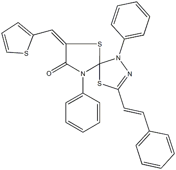 1,9-diphenyl-3-(2-phenylvinyl)-7-(thien-2-ylmethylene)-4,6-dithia-1,2,9-triazaspiro[4.4]non-2-en-8-one Struktur