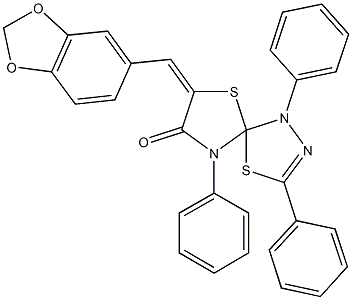 7-(1,3-benzodioxol-5-ylmethylene)-1,3,9-triphenyl-4,6-dithia-1,2,9-triazaspiro[4.4]non-2-en-8-one Struktur