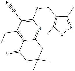 2-{[(3,5-dimethyl-4-isoxazolyl)methyl]sulfanyl}-4-ethyl-7,7-dimethyl-5-oxo-5,6,7,8-tetrahydro-3-quinolinecarbonitrile Struktur